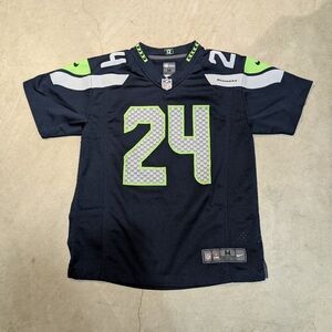 Seattle Seahawks Nike Marshawn Lynch Jersey Youth M Flaw Navy Iron Ons